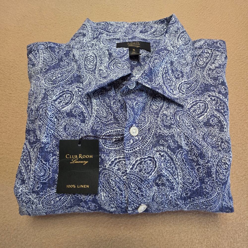 Club Room Luxury 100% Linen Paisley Long-Sleeve Shirt Blue White Sz XL NWT